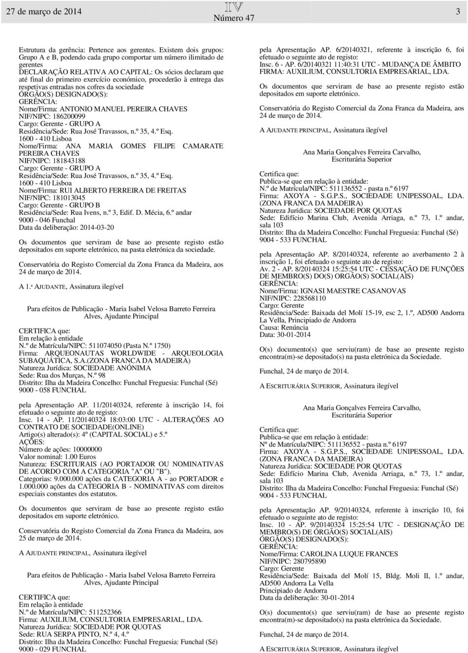 procederão à entrega das respetivas entradas nos cofres da sociedade Nome/Firma: ANTONIO MANUEL PEREIRA CHAVES NIF/NIPC: 186200099 - GRUPO A Nome/Firma: ANA MARIA GOMES FILIPE CAMARATE PEREIRA CHAVES