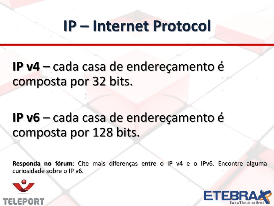IP v6 cada casa de endereçamento é composta por 128 bits.