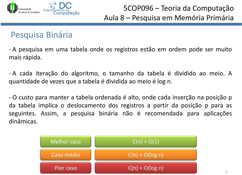 -O custo para manter a tabela ordenada é alto, onde cada inserção na posição p da tabela implica o deslocamento dos registros a partir