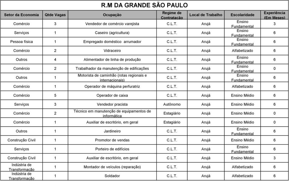 Motorista de caminhão (rotas regionais e internacionais) Comércio 1 Operador de máquina perfuratriz Arujá Alfabetizado Comércio 5 Operador de caixa Arujá Médio Serviços 3 Vendedor pracista Autônomo