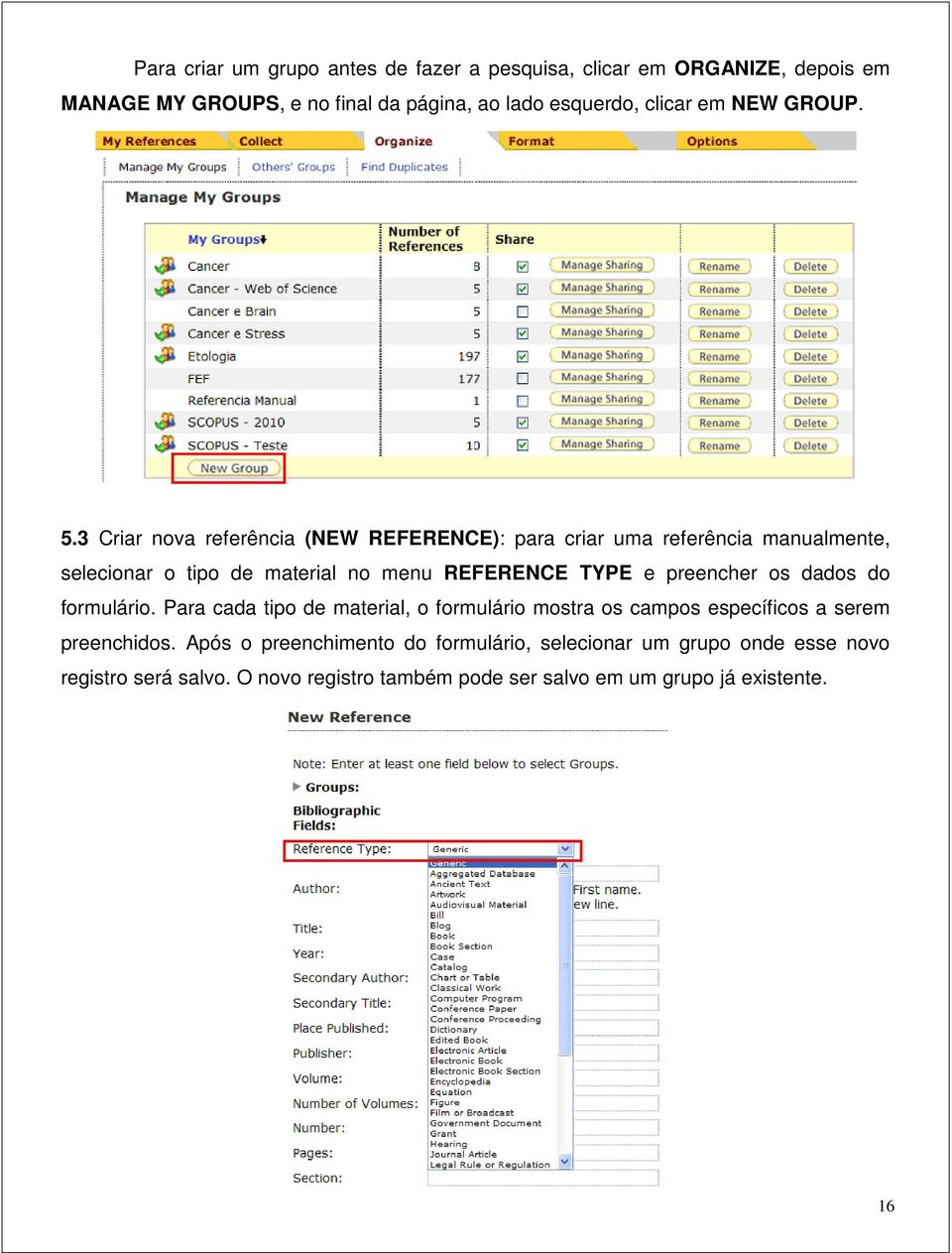 3 Criar nova referência (NEW REFERENCE): para criar uma referência manualmente, selecionar o tipo de material no menu REFERENCE TYPE e