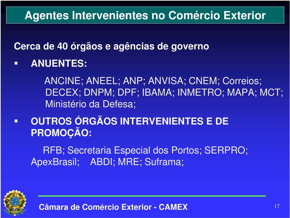 IBAMA; INMETRO; MAPA; MCT; Ministério da Defesa; OUTROS ÓRGÃOS INTERVENIENTES E DE