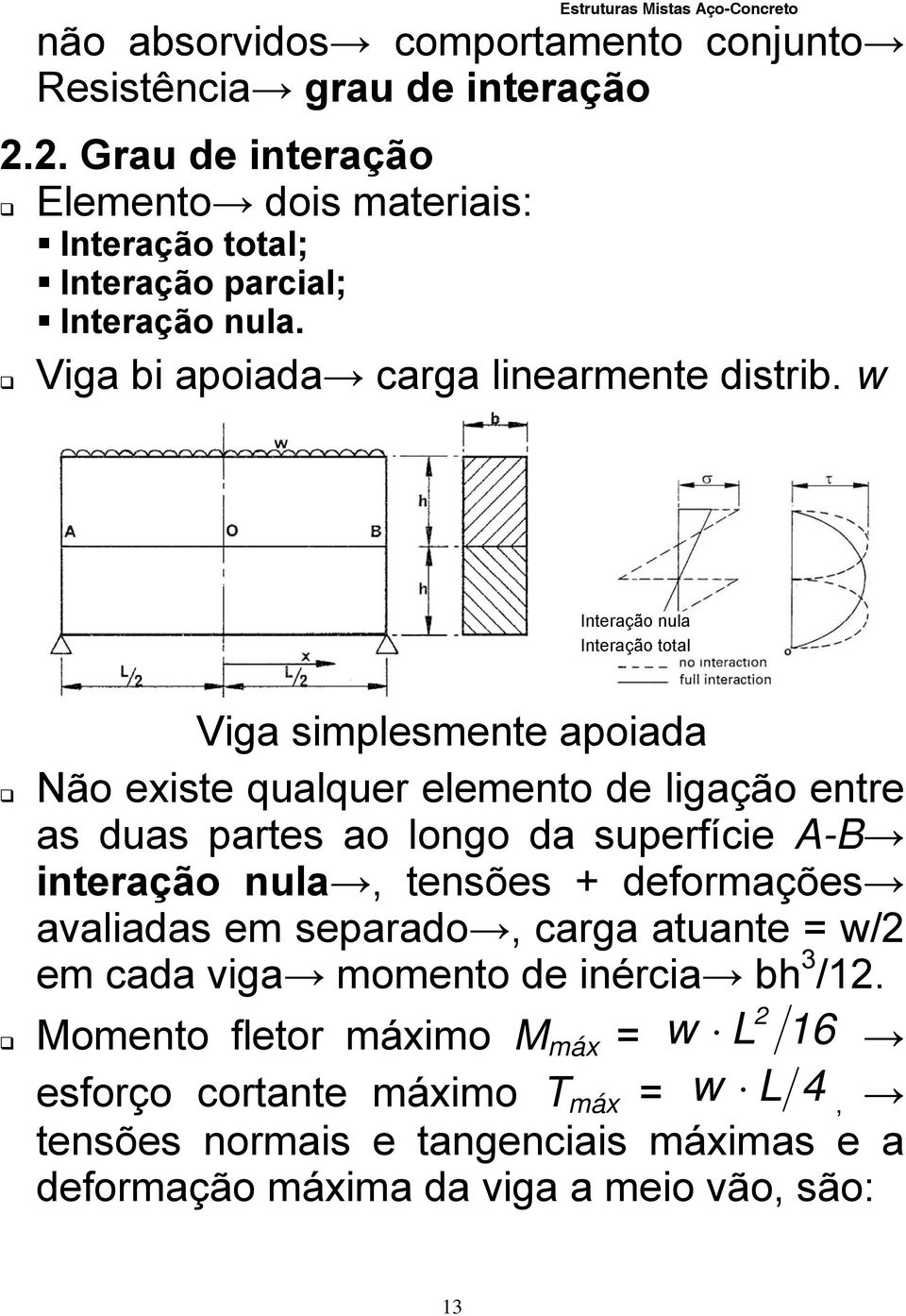 w Interção nul Interção totl Vig simplesmente poid Não existe qulquer elemento de ligção entre s dus prtes o longo d superfície A-B interção