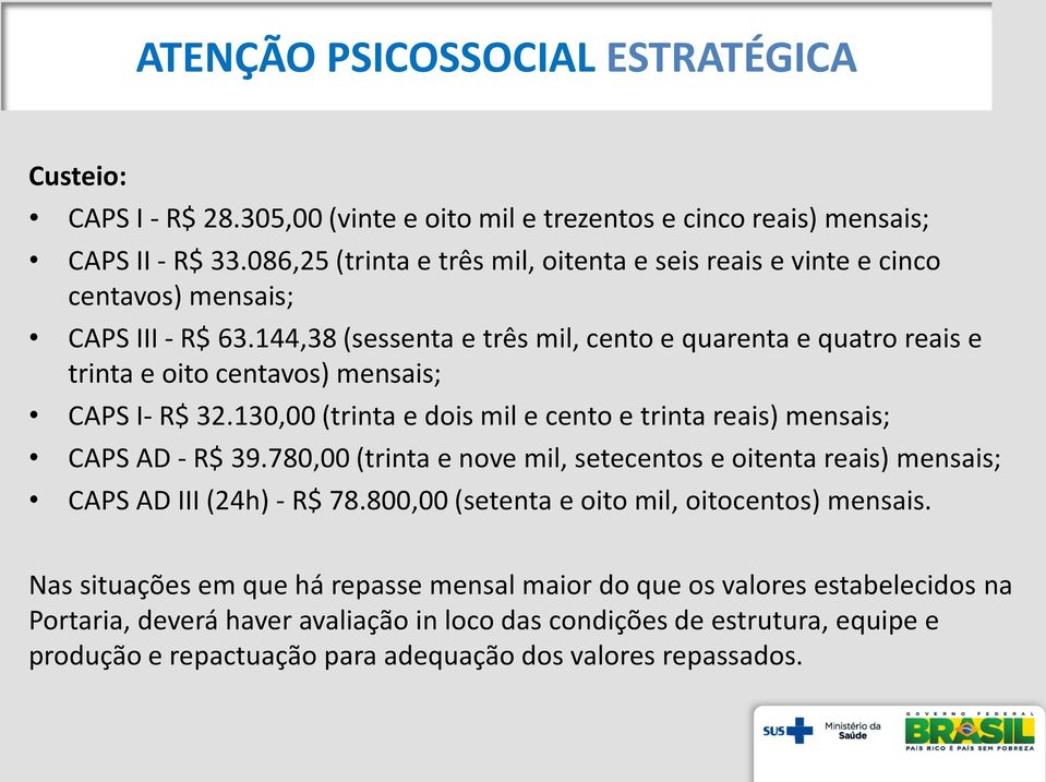 144,38 (sessenta e três mil, cento e quarenta e quatro reais e trinta e oito centavos) mensais; CAPS I- R$ 32.130,00 (trinta e dois mil e cento e trinta reais) mensais; CAPS AD - R$ 39.