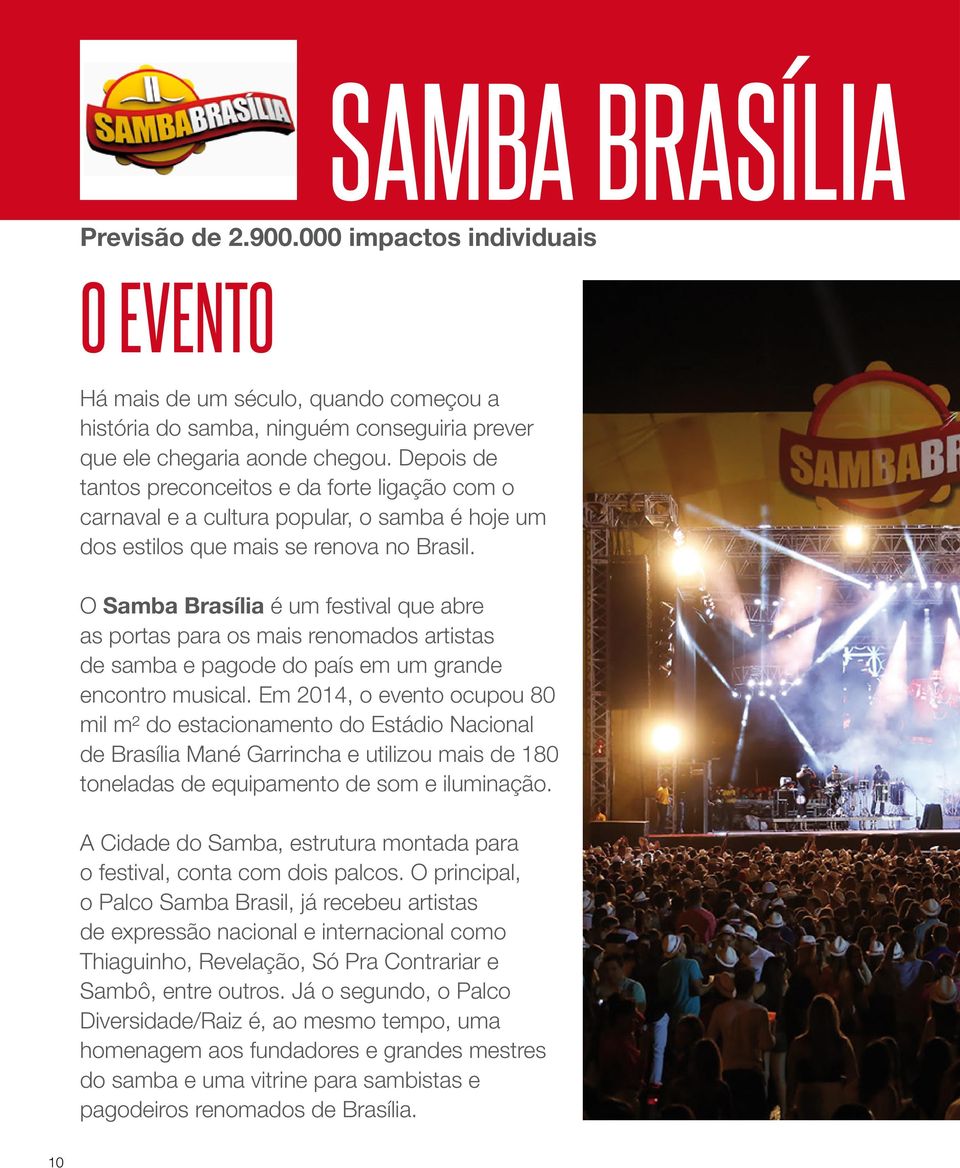 O Samba Brasília é um festival que abre as portas para os mais renomados artistas de samba e pagode do país em um grande encontro musical.