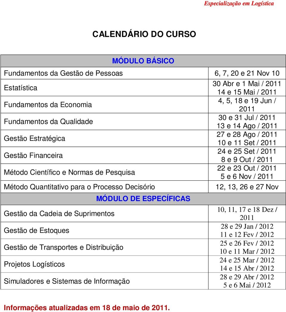 Sistemas de Informação MÓDULO DE ESPECÍFICAS 30 Abr e 1 Mai / 2011 14 e 15 Mai / 2011 4, 5, 18 e 19 Jun / 2011 30 e 31 Jul / 2011 13 e 14 Ago / 2011 27 e 28 Ago / 2011 10 e 11 Set / 2011 24 e 25 Set