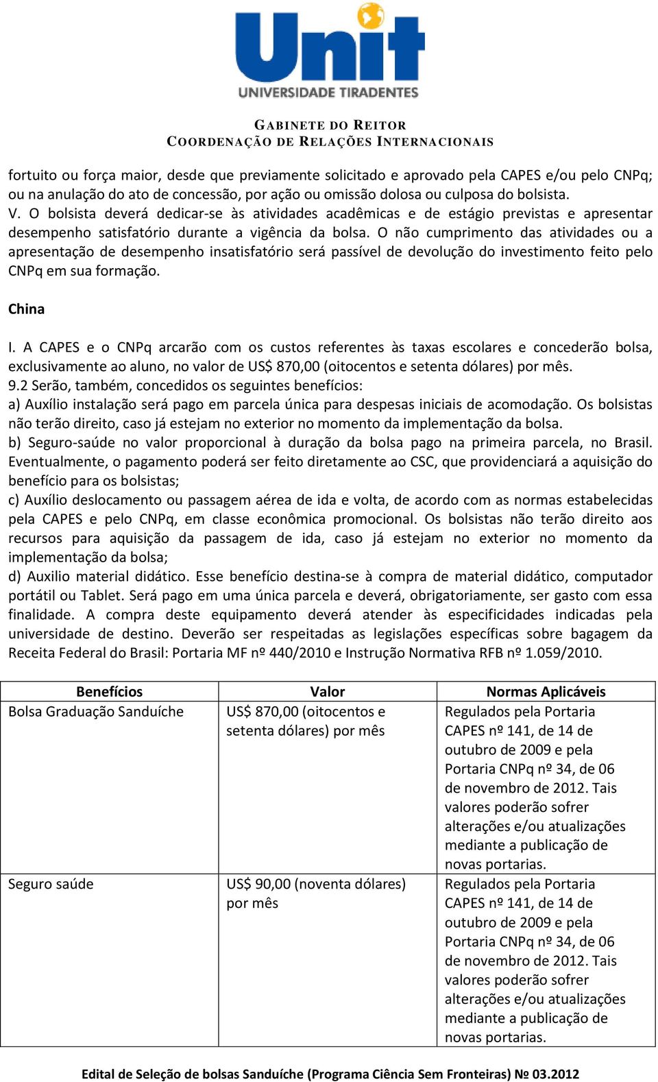 O não cumprimento das atividades ou a apresentação de desempenho insatisfatório será passível de devolução do investimento feito pelo CNPq em sua formação. China I.