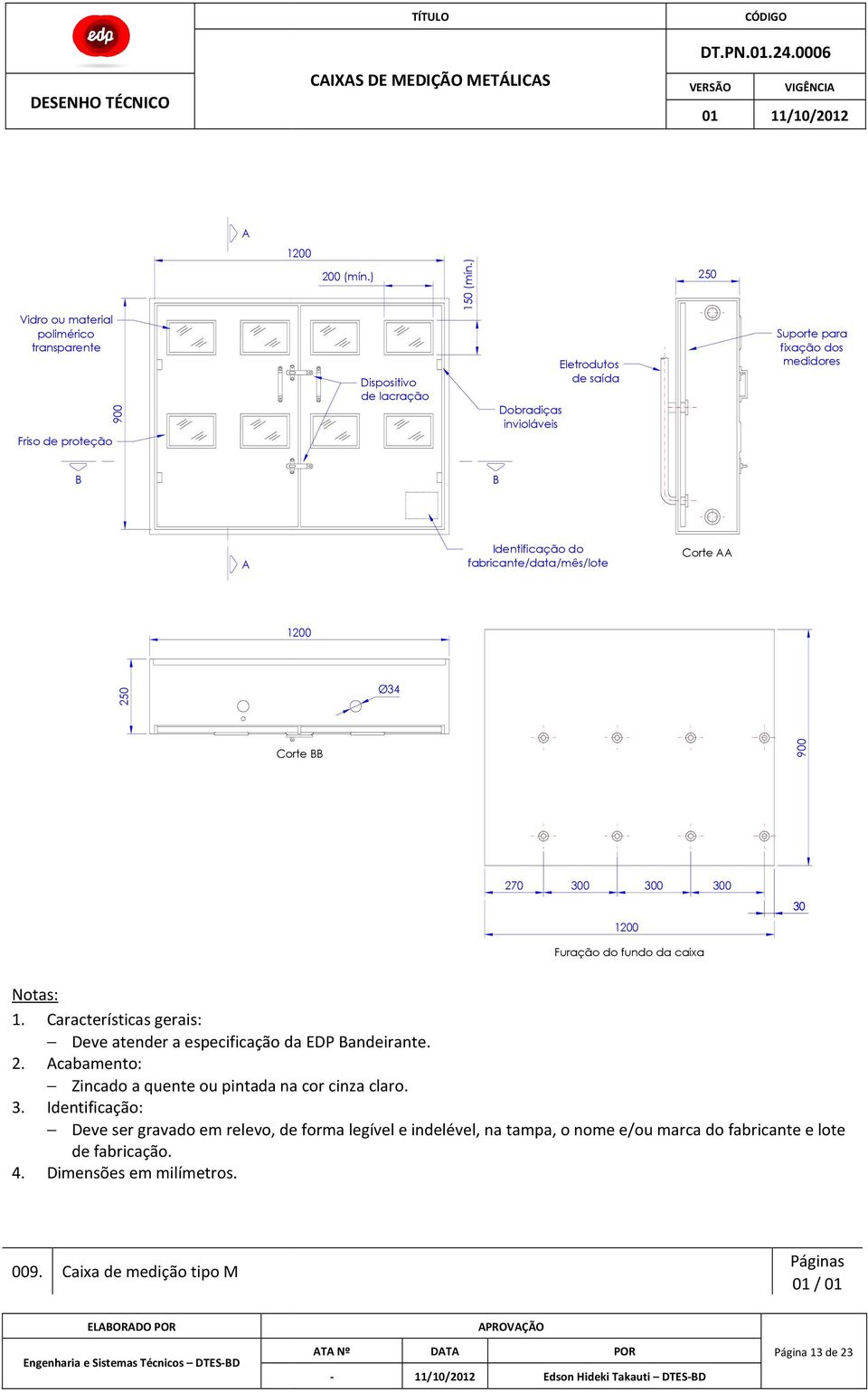 ) Dobradiças invioláveis Eletrodutos de saída Suporte para fixação dos medidores fabricante/data/mês/lote Corte 1200 Ø34 Corte 900 270 300 300