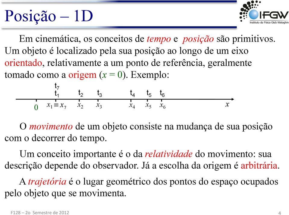 Exemplo: 7 1 3 4 5 6 x 1 x 7 x x 3 x 4 x 5 x 6 x O moimeno de um objeo consise na mudança de sua posição com o decorrer do empo.