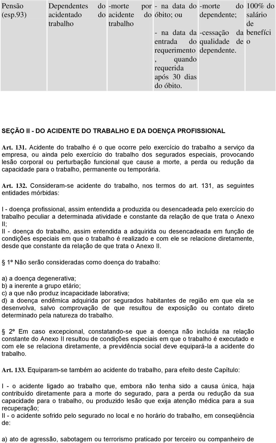 Acidente do trabalho é o que ocorre pelo exercício do trabalho a serviço da empresa, ou ainda pelo exercício do trabalho dos segurados especiais, provocando lesão corporal ou perturbação funcional