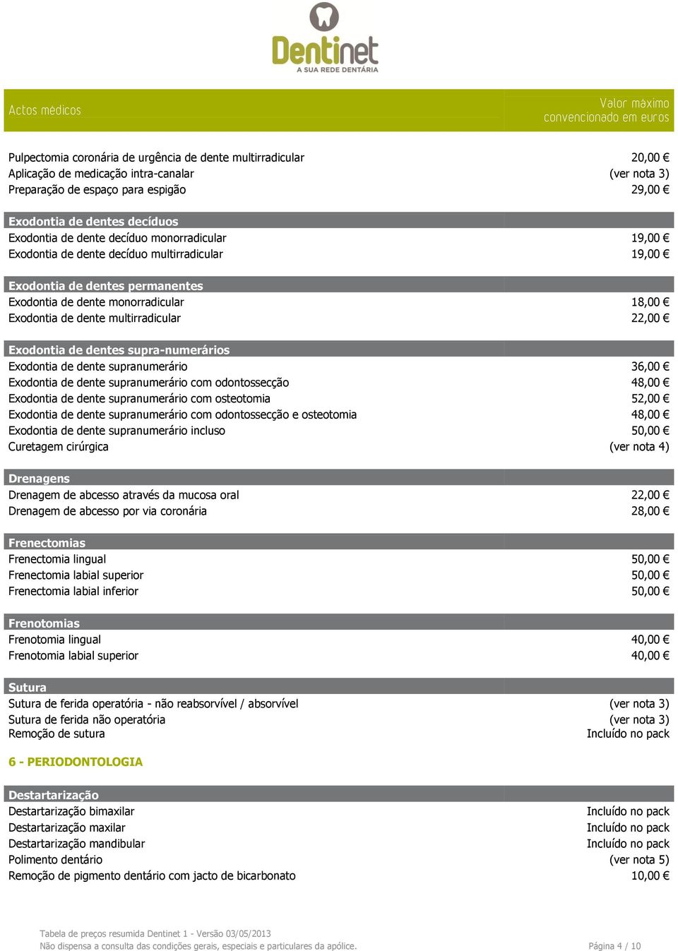 Exodontia de dentes supra-numerários Exodontia de dente supranumerário 36,00 Exodontia de dente supranumerário com odontossecção 48,00 Exodontia de dente supranumerário com osteotomia 52,00 Exodontia