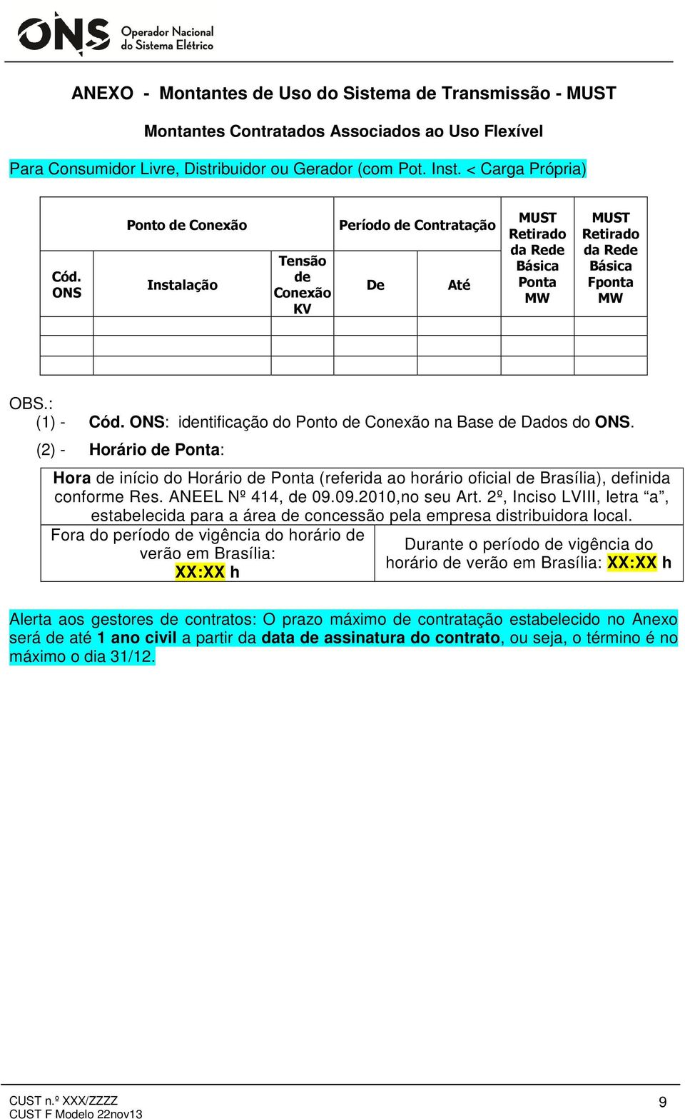 ONS: identificação do Ponto de Conexão na Base de Dados do ONS. (2) - Horário de Ponta: Hora de início do Horário de Ponta (referida ao horário oficial de Brasília), definida conforme Res.