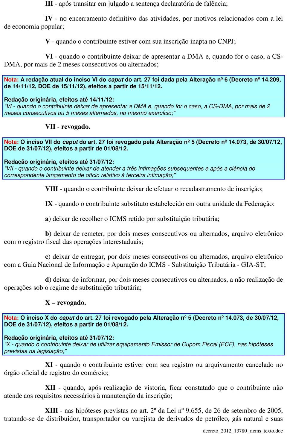 do inciso VI do caput do art. 27 foi dada pela Alteração nº 6 (Decreto nº 14.209, de 14/11/12, DOE de 15/11/12), efeitos a partir de 15/11/12.