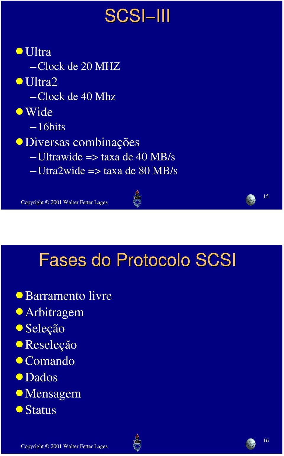 Utra2wide => taxa de 80 MB/s 15 Fases do Protocolo SCSI