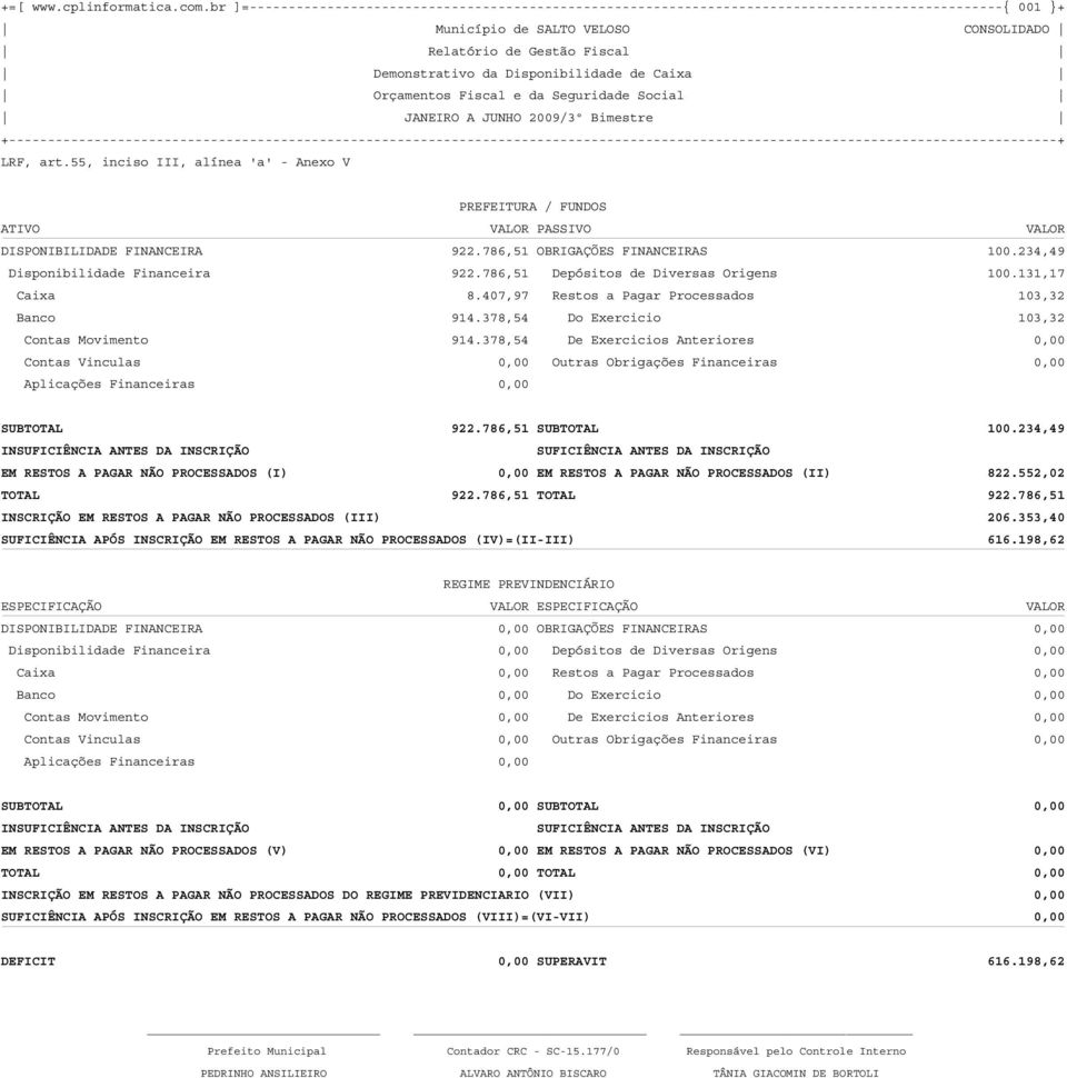 378,54 Do Exercicio 103,32 Contas Movimento 914.378,54 De Exercicios Anteriores 0,00 Contas Vinculas 0,00 Outras Obrigações Financeiras 0,00 Aplicações Financeiras 0,00 SUBTOTAL 922.