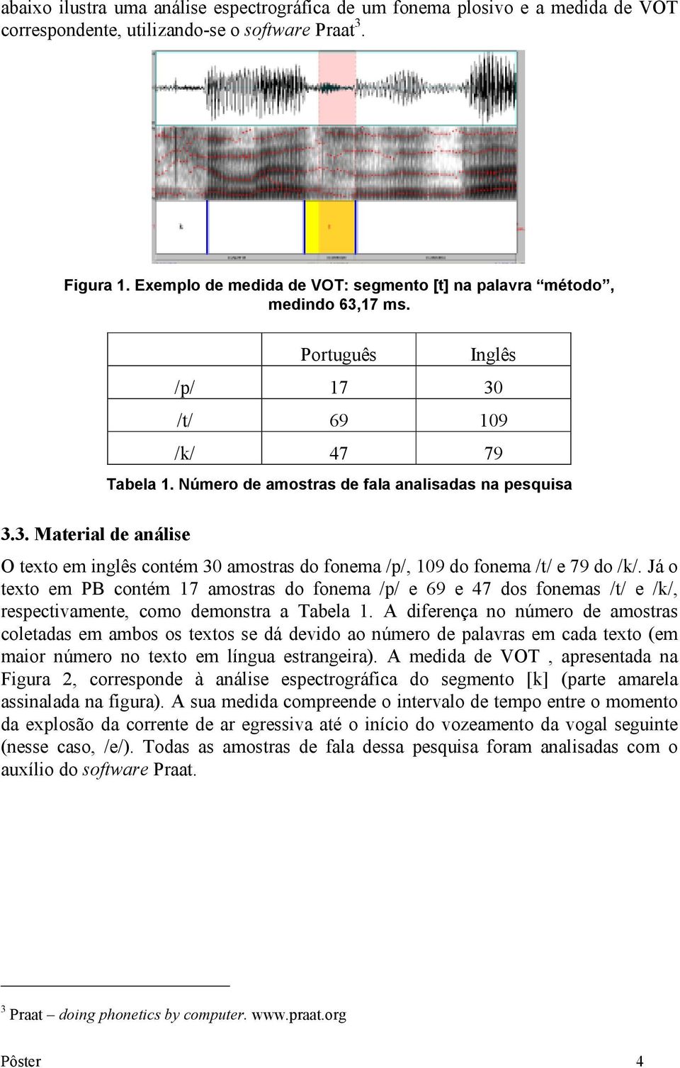 Número de amostras de fala analisadas na pesquisa O texto em inglês contém 30 amostras do fonema /p/, 109 do fonema /t/ e 79 do /k/.