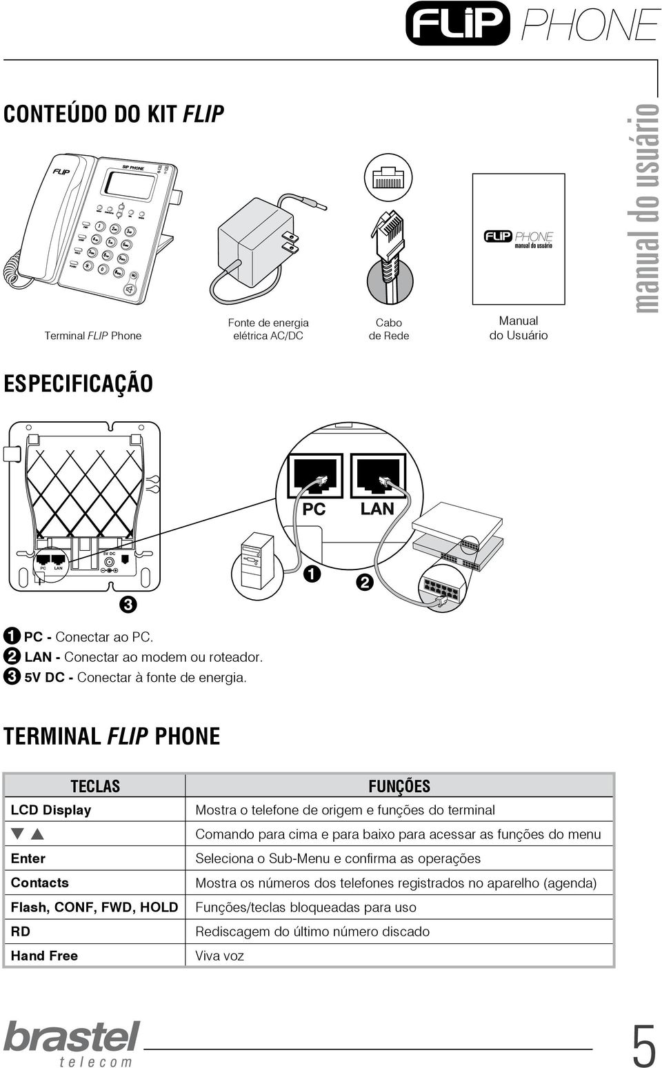 TERMINAL FLIP PHONE TECLAS LCD Display Funções Mostra o telefone de origem e funções do terminal Comando para cima e para baixo para acessar as funções do