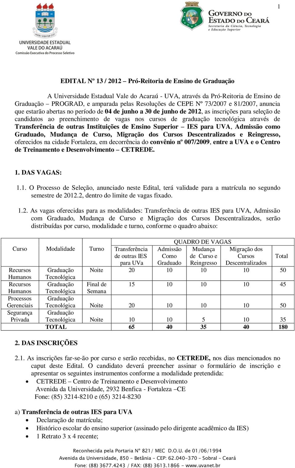 Transferência de outras Instituições de Ensino Superior IES para UVA, Admissão como Graduado, Mudança de Curso, Migração dos Cursos Descentralizados e Reingresso, oferecidos na cidade Fortaleza, em