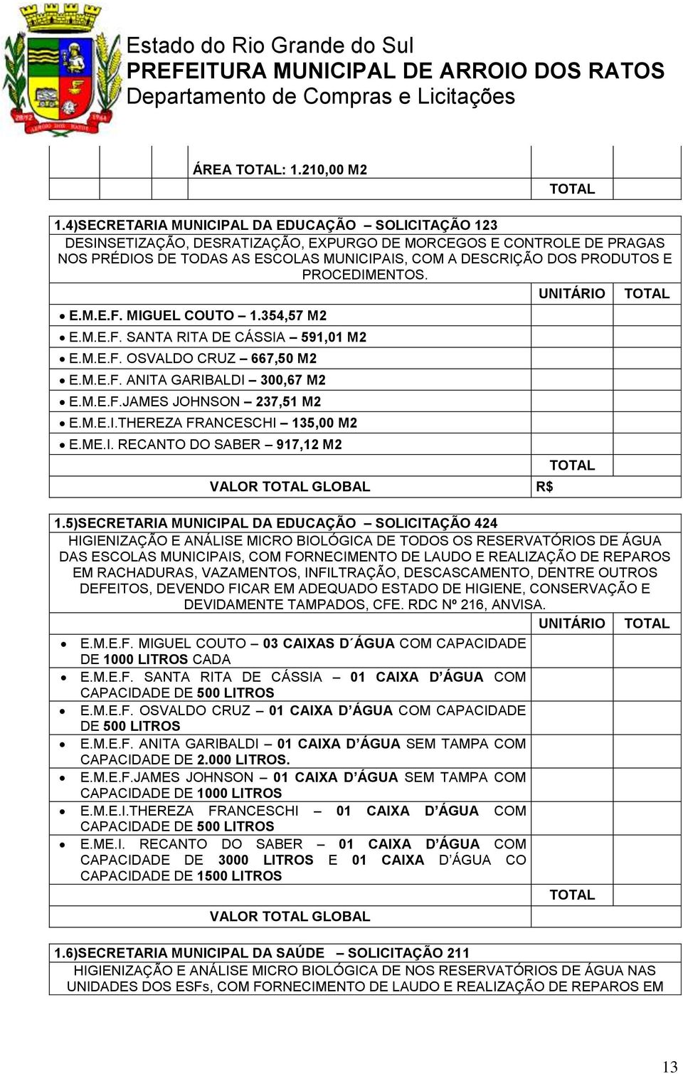 PROCEDIMENTOS. UNITÁRIO E.M.E.F. MIGUEL COUTO 1.354,57 M2 E.M.E.F. SANTA RITA DE CÁSSIA 591,01 M2 E.M.E.F. OSVALDO CRUZ 667,50 M2 E.M.E.F. ANITA GARIBALDI 300,67 M2 E.M.E.F.JAMES JOHNSON 237,51 M2 E.