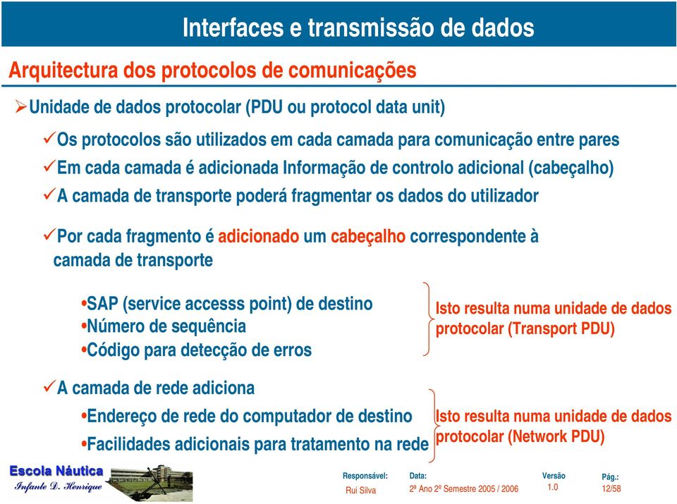 controlo adicional (cabeçalho) A camada de transporte poderá fragmentar os dados do utilizador Por cada fragmento é adicionado um cabeçalho correspondente à camada de transporte SAP