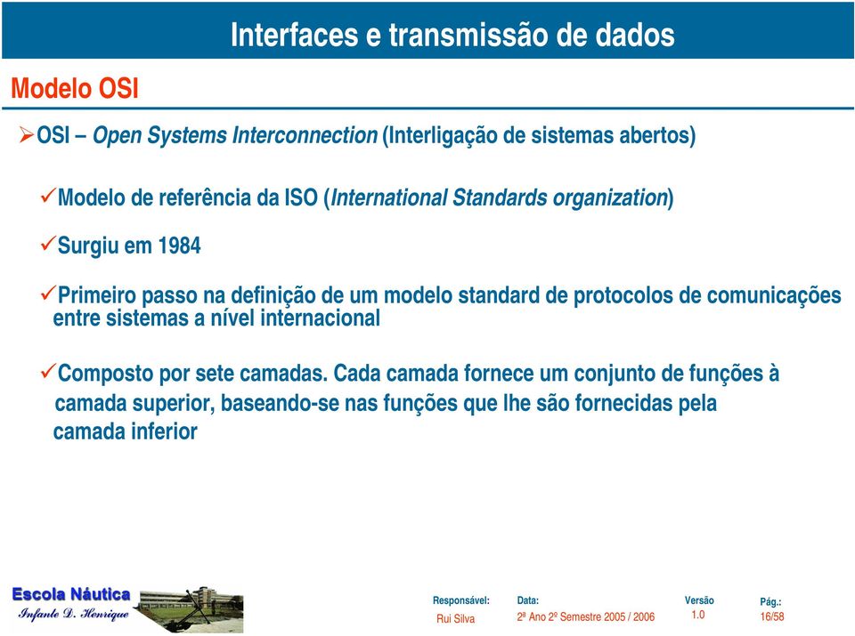 1 Introdução e organização do modelo Primeiro passo na definição de um modelo standard de protocolos de comunicações