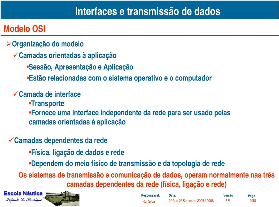 orientadas à aplicação Camadas dependentes da rede Física, ligação de dados e rede Dependem do meio físico de transmissão e da