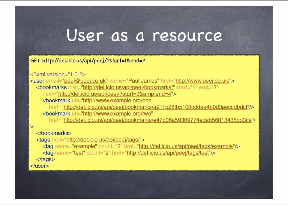 example.org/two" href="http://del.icio.us/api/peej/bookmarks/e47d06a59309774edab56813438bd3ce"/ > </bookmarks> <tags href="http://del.icio.us/api/peej/tags/"> <tag name="example" count="2" href="http://del.