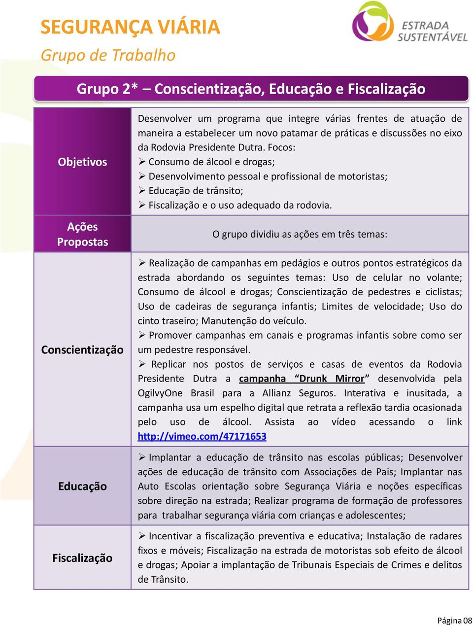 Focos: Consumo de álcool e drogas; Desenvolvimento pessoal e profissional de motoristas; Educação de trânsito; Fiscalização e o uso adequado da rodovia.