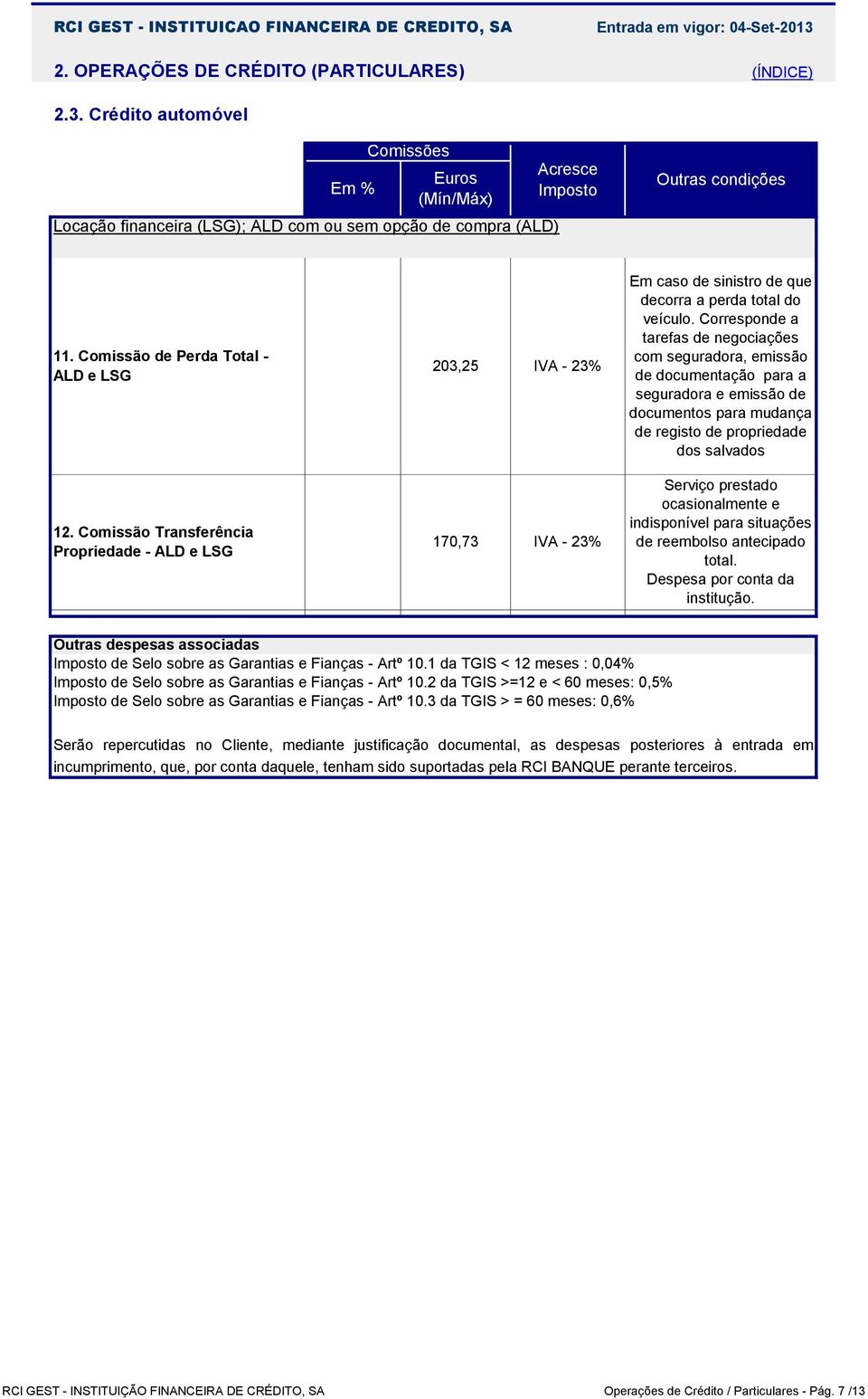 Comissão Transferência Propriedade - ALD e LSG 170,73 Serviço prestado ocasionalmente e indisponível para situações de reembolso antecipado total. Despesa por conta da institução.