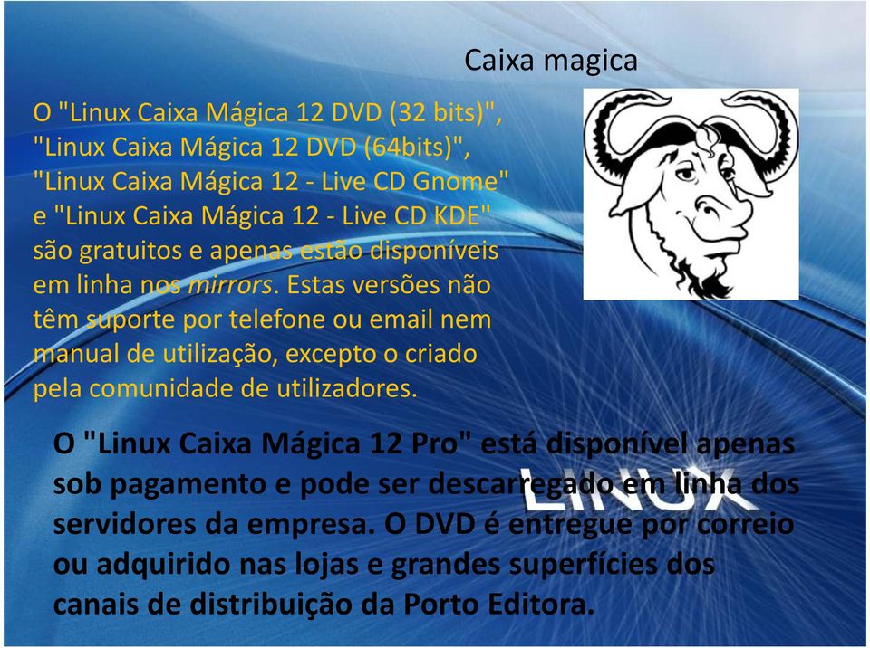 Estas versões não têm suporte por telefone ou email nem manual de utilização, excepto o criado pela comunidade de utilizadores.