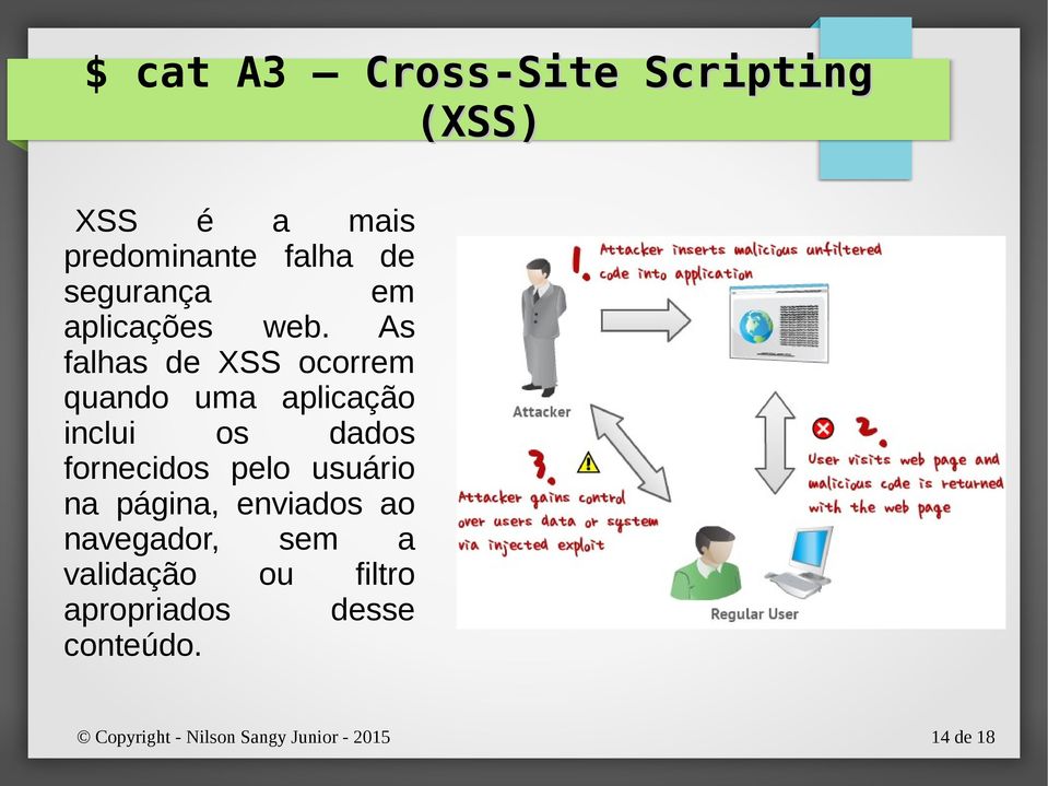 As falhas de XSS ocorrem quando uma aplicação inclui os dados fornecidos pelo