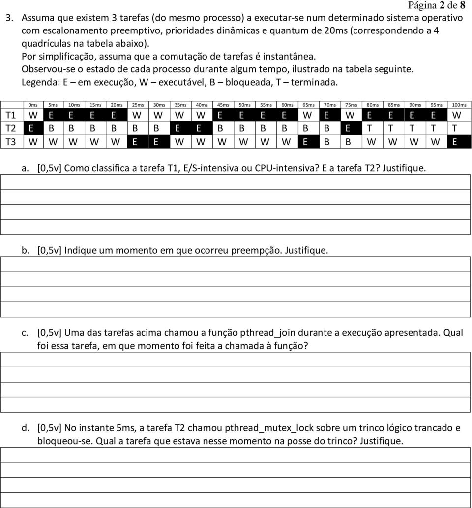 na tabela abaixo). Por simplificação, assuma que a comutação de tarefas é instantânea. Observou-se o estado de cada processo durante algum tempo, ilustrado na tabela seguinte.