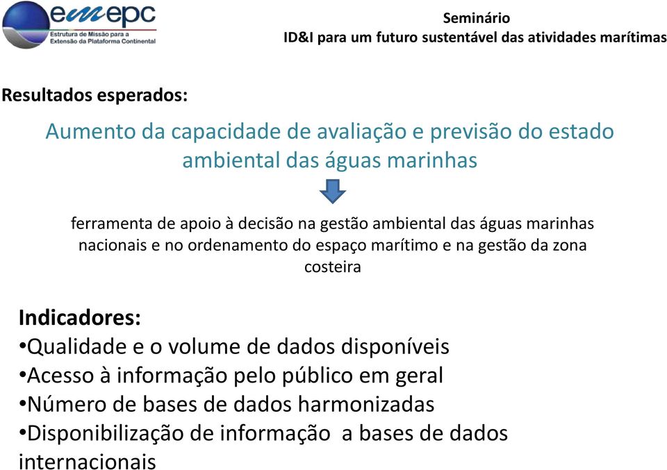 marítimo e na gestão da zona costeira Indicadores: Qualidade e o volume de dados disponíveis Acesso à
