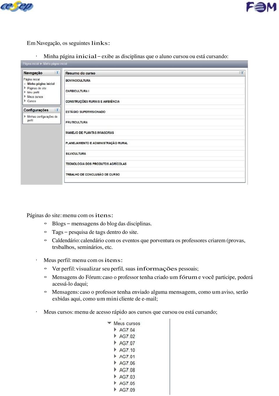 Meus perfil: menu com os itens: Ver perfil: visualizar seu perfil, suas informações pessoais; Mensagens do Fórum: caso o professor tenha criado um fórum e você participe, poderá