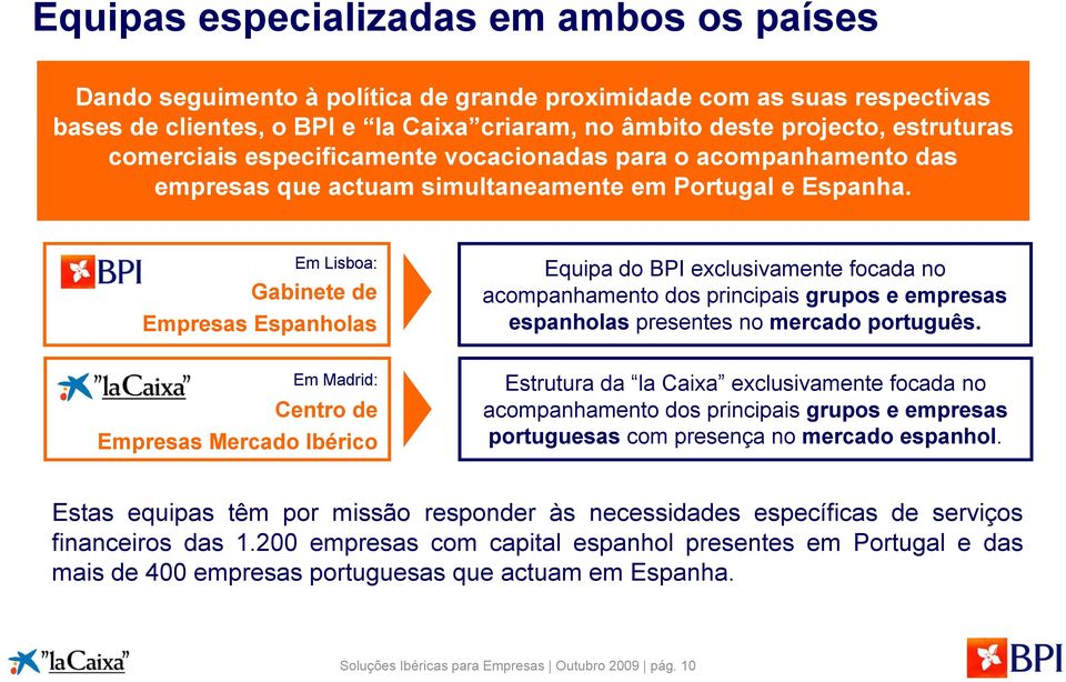 Em Lisboa: Gabinete de Empresas Espanholas Equipa do BPI exclusivamente focada no acompanhamento dos principais grupos e empresas espanholas presentes no mercado português.