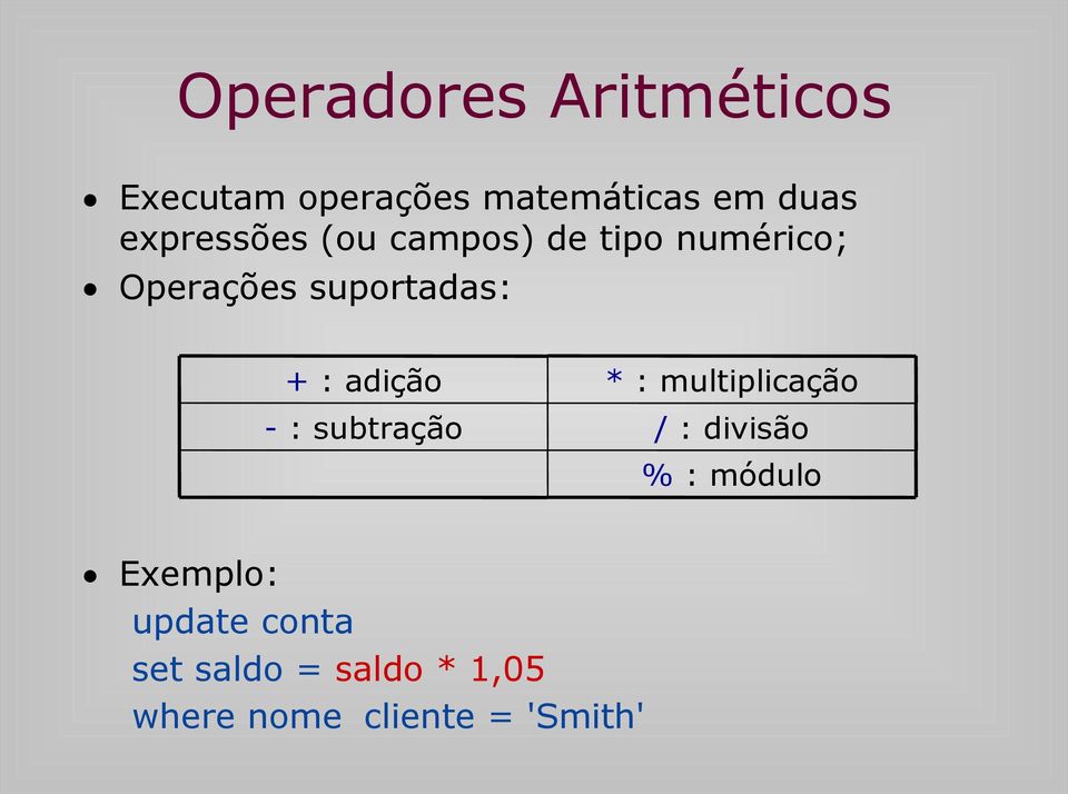 adição - : subtração * : multiplicação / : divisão % : módulo