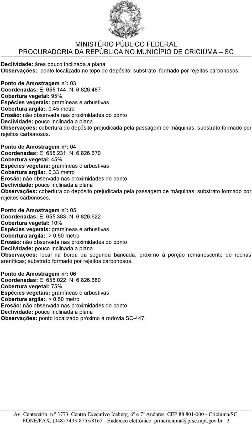 0,45 metro Erosão: não observada nas proximidades do ponto Declividade: pouco inclinada a plana Observações: cobertura do depósito prejudicada pela passagem de máquinas; substrato formado por