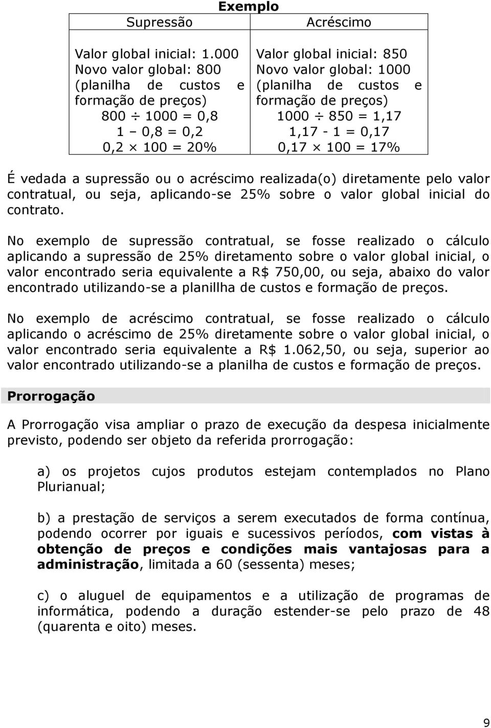 preços) 1000 850 = 1,17 1,17-1 = 0,17 0,17 100 = 17% É vedada a supressão ou o acréscimo realizada(o) diretamente pelo valor contratual, ou seja, aplicando-se 25% sobre o valor global inicial do