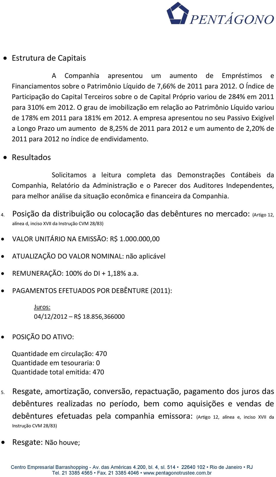 O grau de imobilização em relação ao Patrimônio Líquido variou de 178% em 2011 para 181% em 2012.