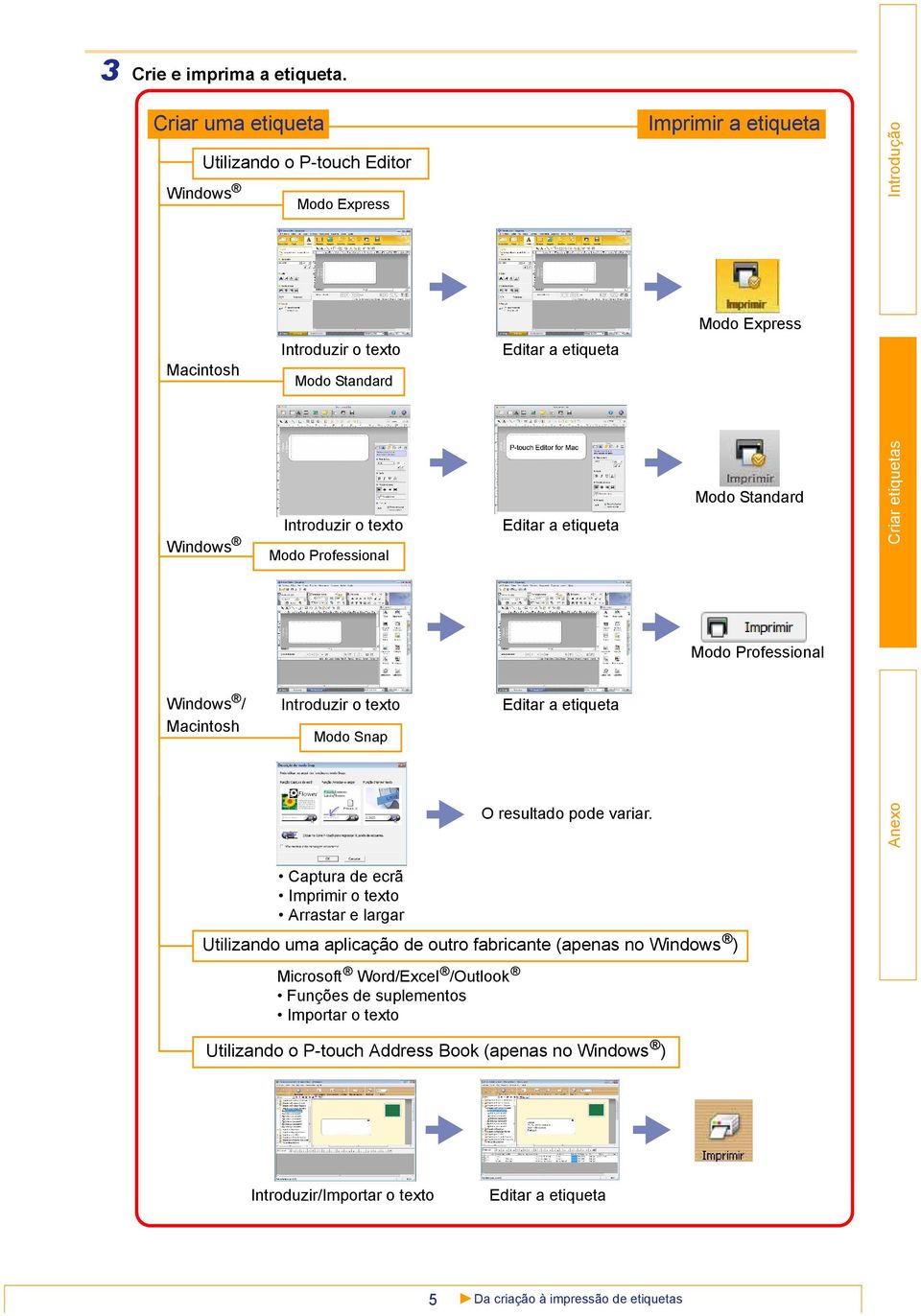 Introduzir o texto Modo Professional Editar a etiqueta Modo Standard Modo Professional Windows / Macintosh Introduzir o texto Modo Snap Editar a etiqueta O resultado pode