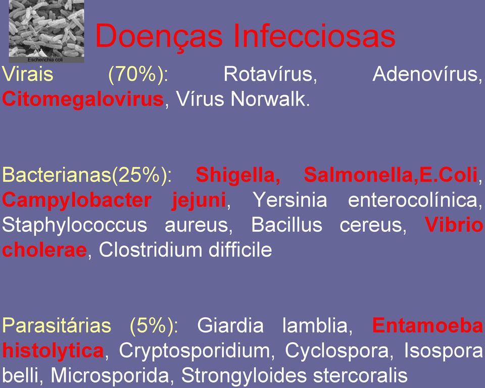 Coli, Campylobacter jejuni, Yersinia enterocolínica, Staphylococcus aureus, Bacillus cereus, Vibrio