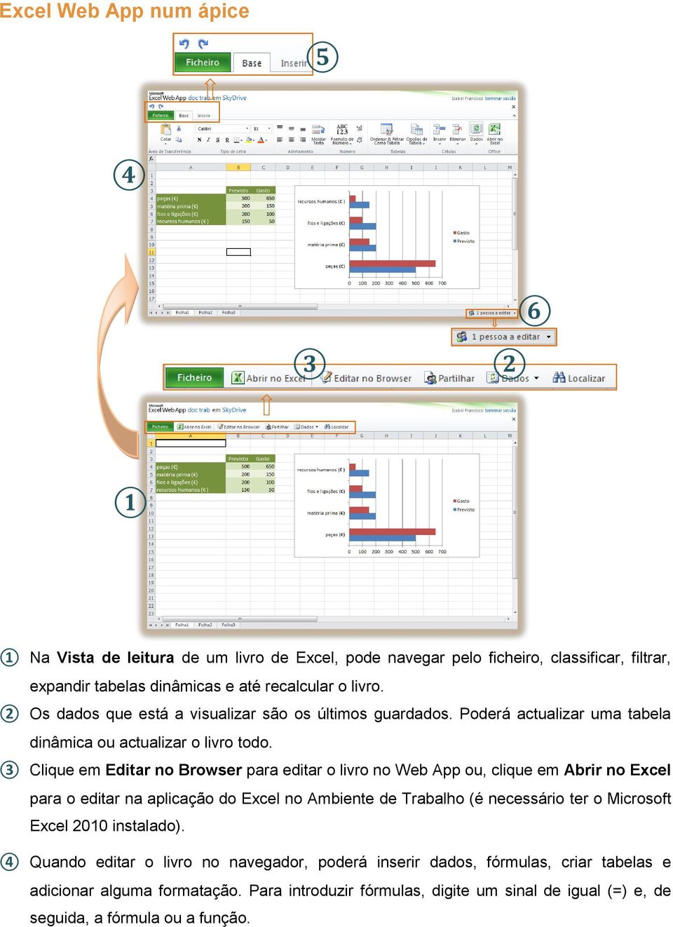 3 Clique em Editar no Browser para editar o livro no Web App ou, clique em Abrir no Excel para o editar na aplicação do Excel no Ambiente de Trabalho (é necessário ter o Microsoft