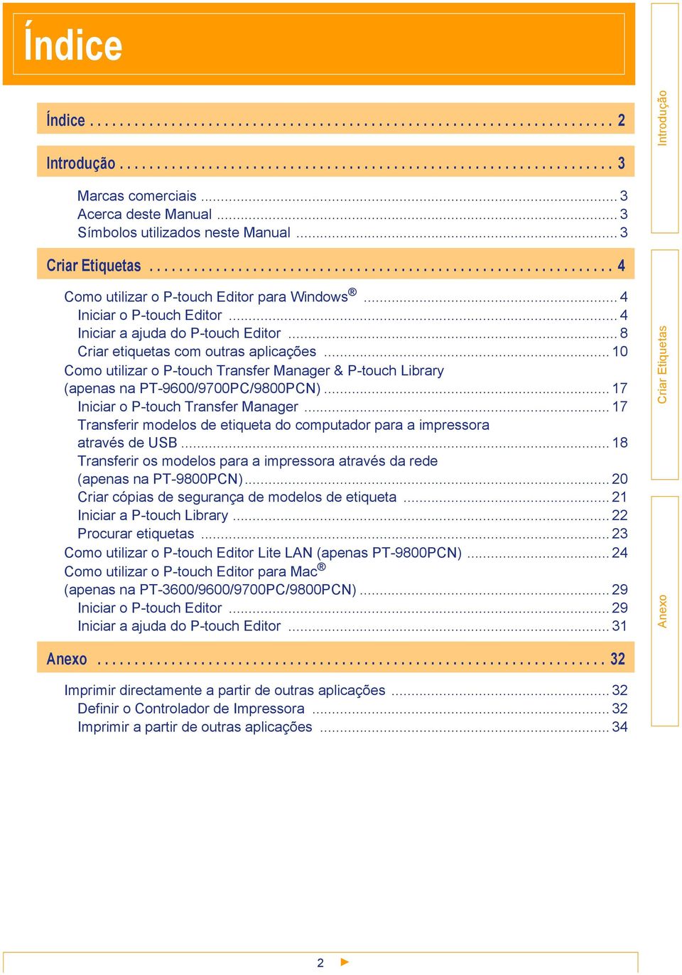 .. 4 Iniciar a ajuda do P-touch Editor... 8 Criar etiquetas com outras aplicações... 10 Como utilizar o P-touch Transfer Manager & P-touch Library (apenas na PT-9600/9700PC/9800PCN).