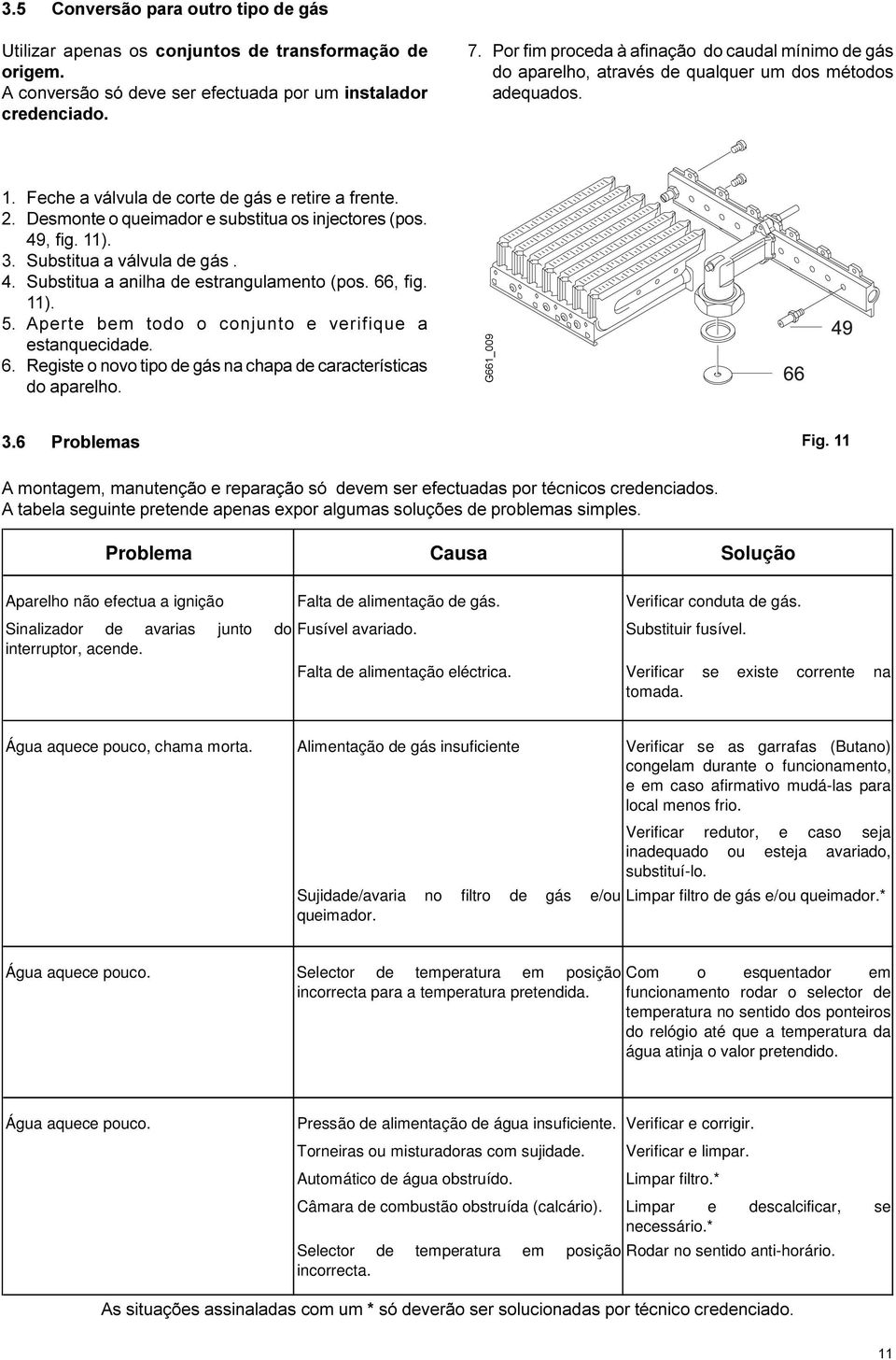 Desmonte o queimador e substitua os injectores (pos. 49, fig. 11). 3. Substitua a válvula de gás. 4. Substitua a anilha de estrangulamento (pos. 66, fig. 11). 5.