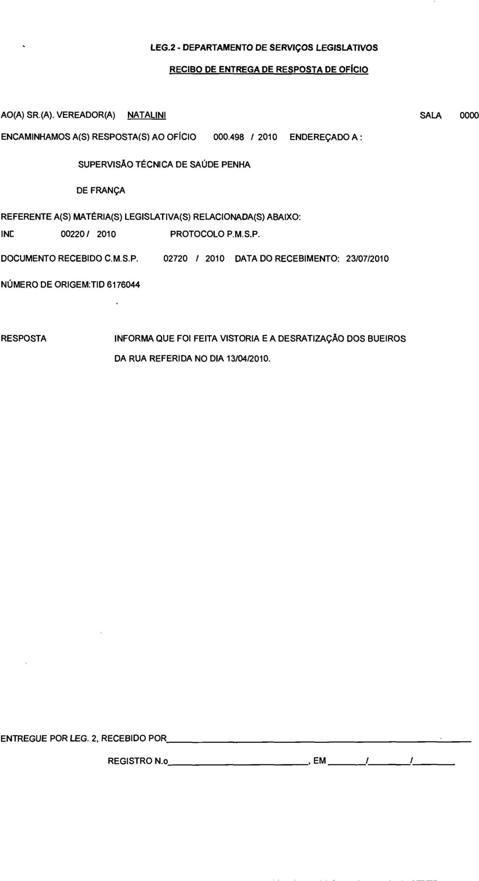 498 / 2010 ENDEREÇADO A: SUPERVISÃO TÈCNICA DE SAÚDE PENHA DE FRANÇA REFERENTE A(S) MATÈRIA(S) LEGISLATIVA(S) RELACIONADA(S) ABAIXO: INC 00220/ 2010