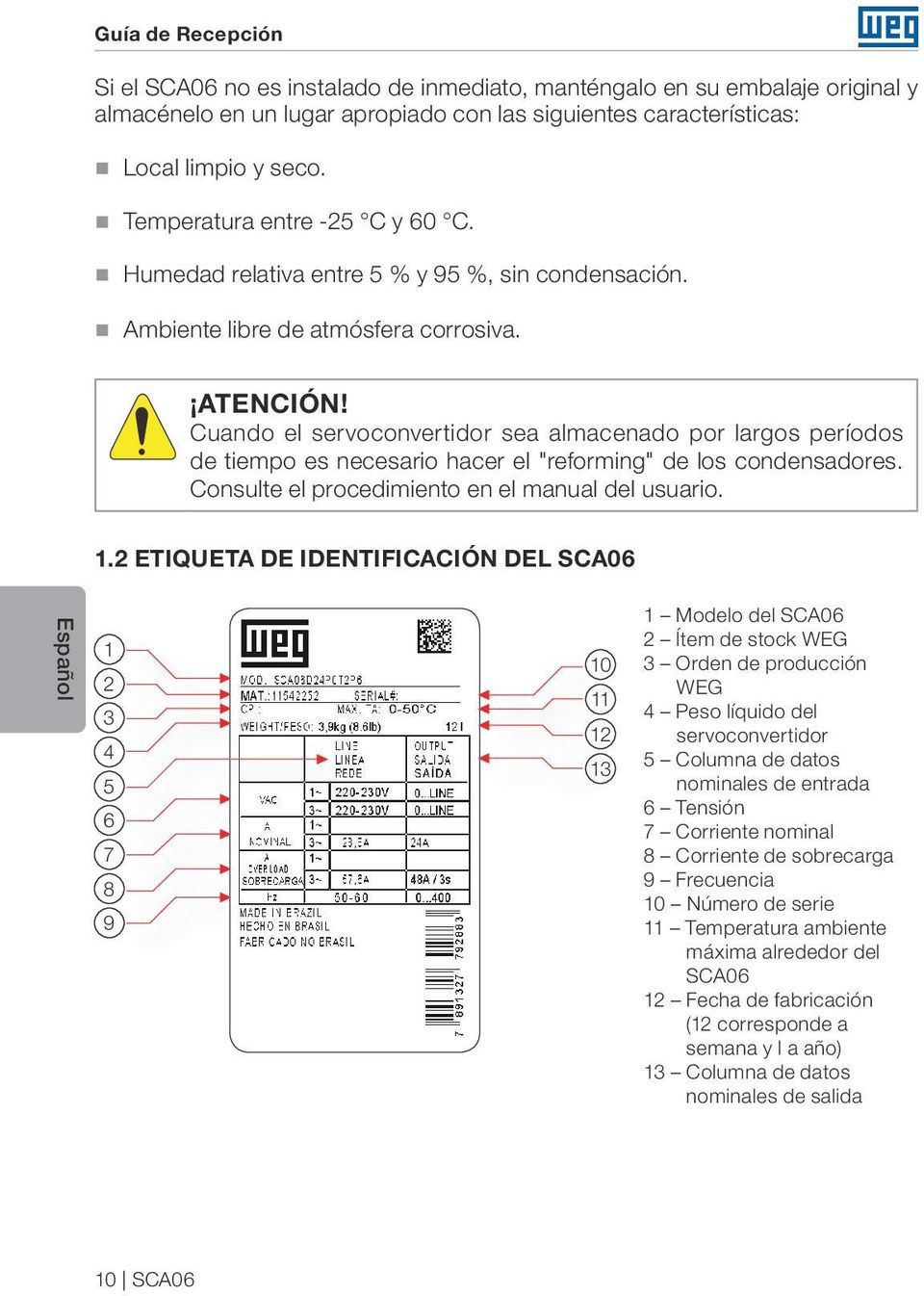 Cuando el servoconvertidor sea almacenado por largos períodos de tiempo es necesario hacer el "reforming" de los condensadores. Consulte el procedimiento en el manual del usuario. 1.