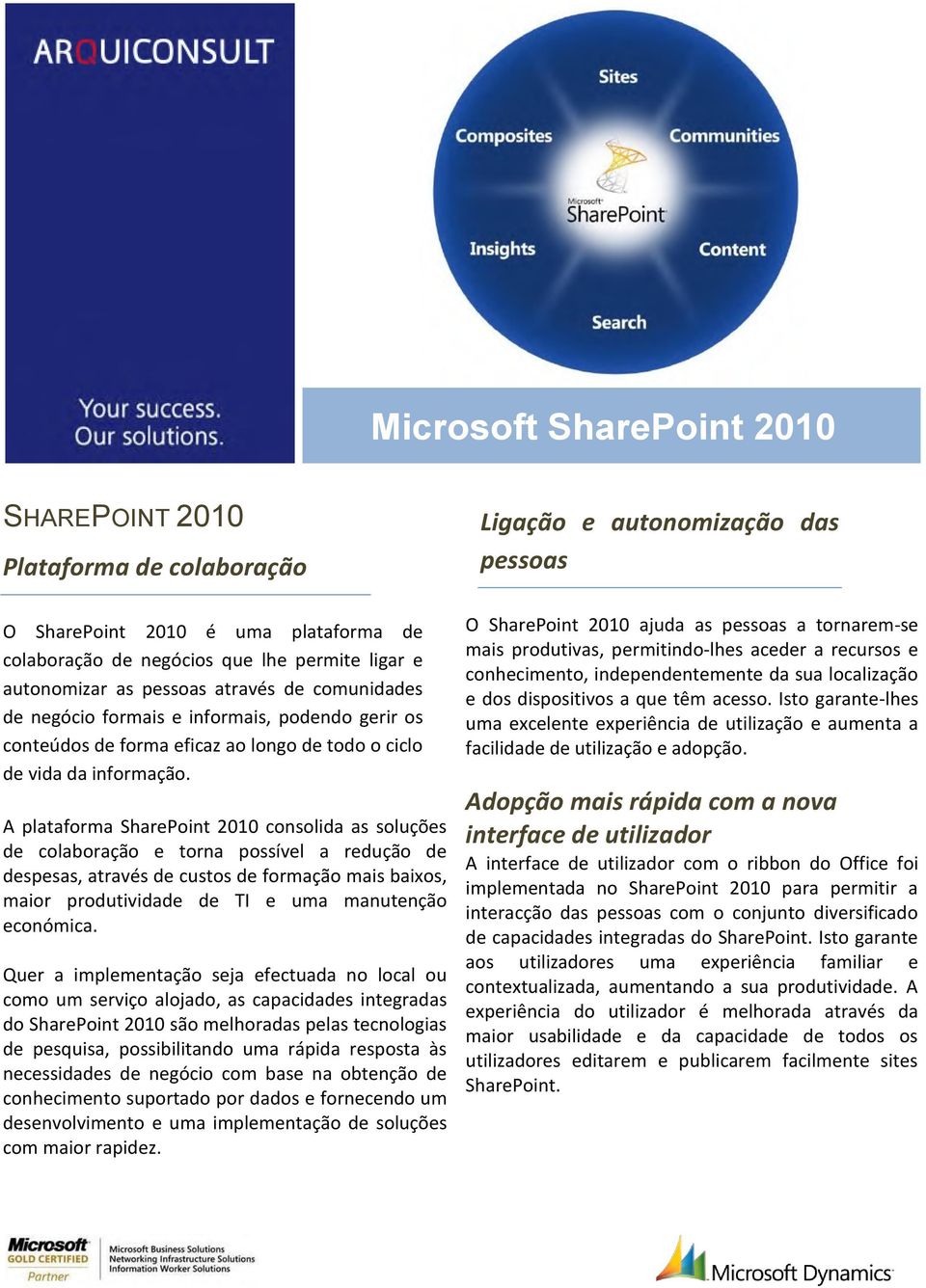 A plataforma SharePoint 2010 consolida as soluções de colaboração e torna possível a redução de despesas, através de custos de formação mais baixos, maior produtividade de TI e uma manutenção