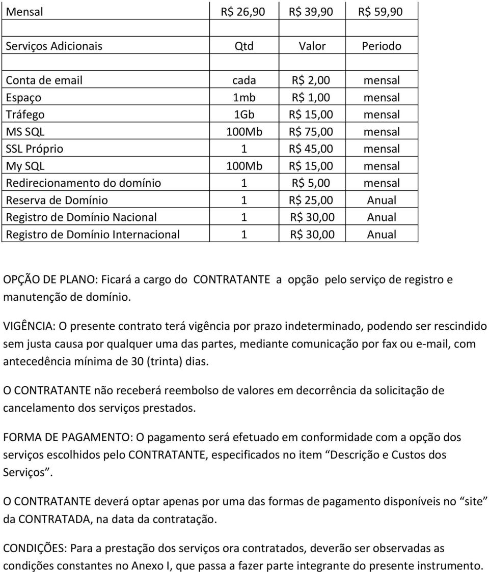 Domínio Internacional 1 R$ 30,00 Anual OPÇÃO DE PLANO: Ficará a cargo do CONTRATANTE a opção pelo serviço de registro e manutenção de domínio.