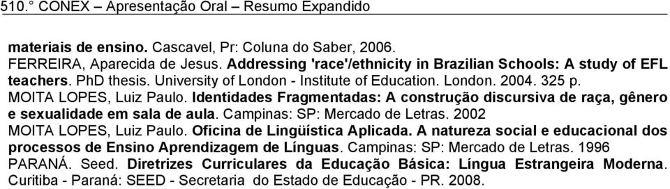 Identidades Fragmentadas: A construção discursiva de raça, gênero e sexualidade em sala de aula. Campinas: SP: Mercado de Letras. 2002 MOITA LOPES, Luiz Paulo.