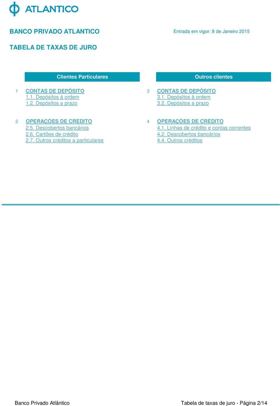 Descobertos bancários 4.1. Linhas de crédito e contas correntes 2.6. Cartões de crédito 4.2. Descobertos bancários 2.7.